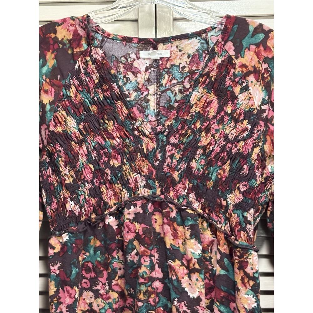 Maurices Burgundy/Green Floral Long Sleeve Smocked V Neck Ruffle Blouse Size M - Picture 2 of 8